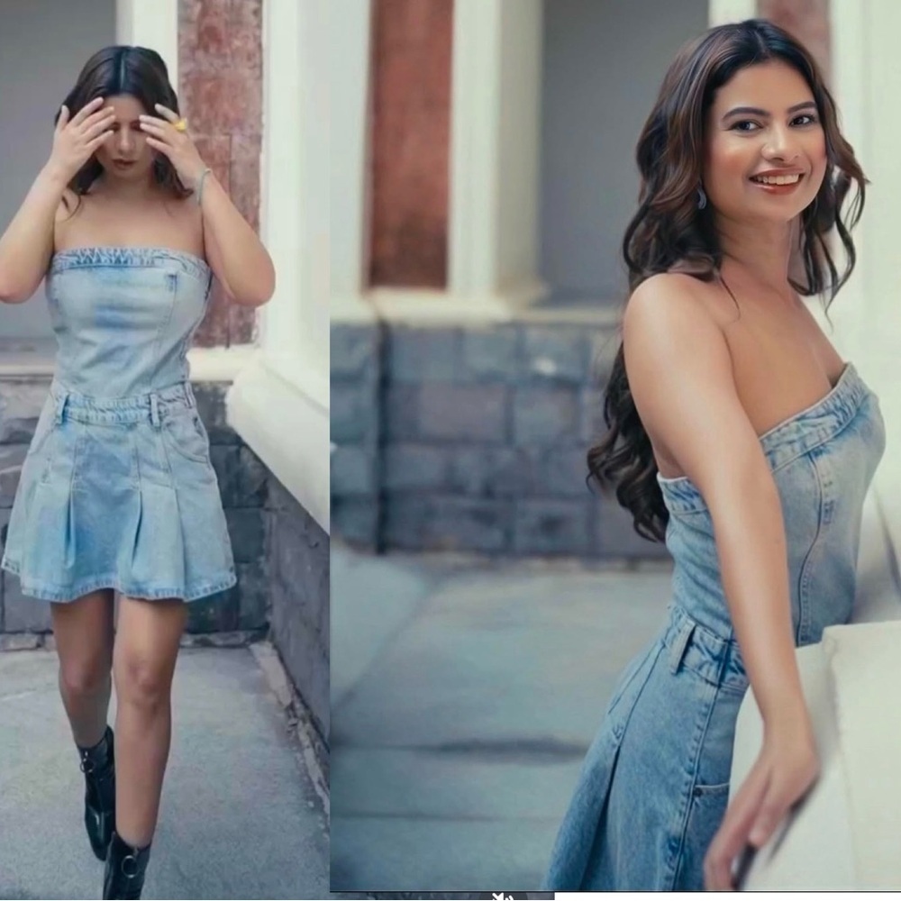 Zara blue light wash denim Jean strapless corset bustier box pleat mini dress L